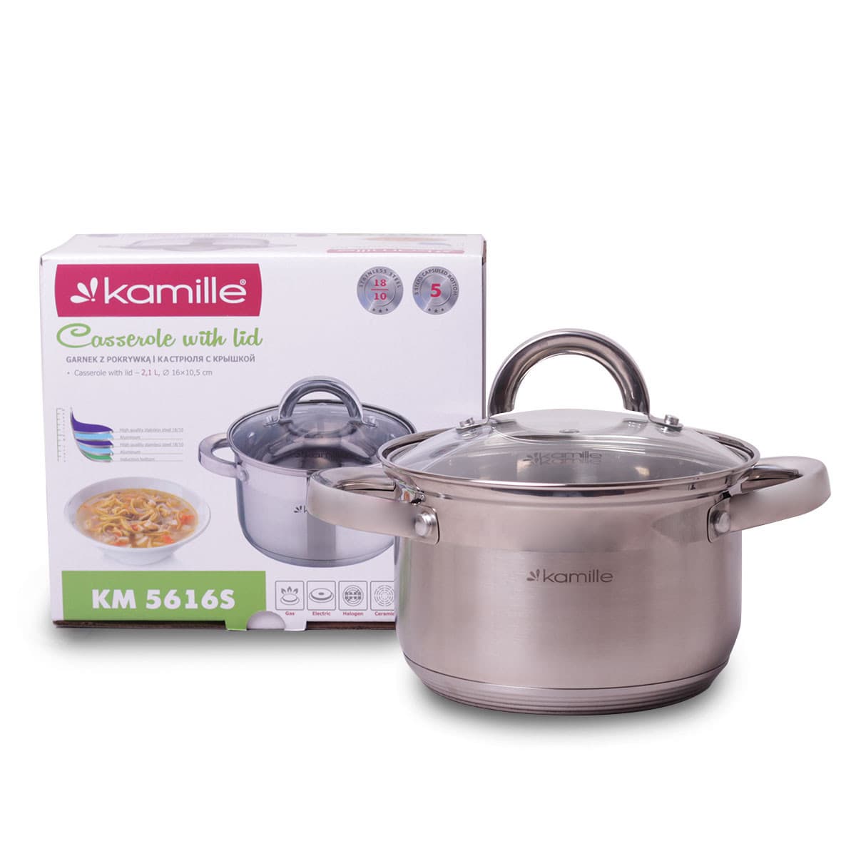 Кастрюля 2,1 л из нержавеющей стали с крышкой Kamille KM-5616S