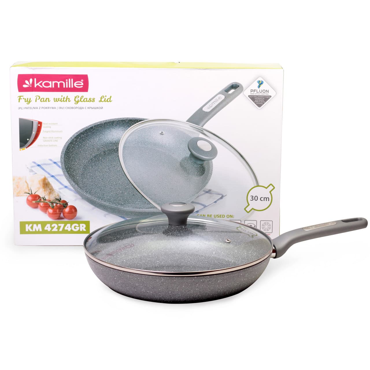 Сковорода Ø30 см Kamille KM-4274GR с крышкой и гранитным покрытием из алюминия