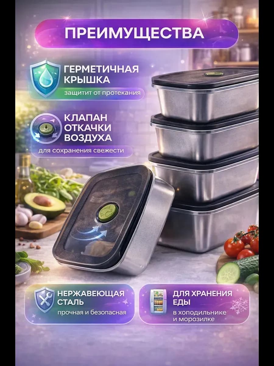 Набор стальных контейнеров для еды 4 шт, с крышкой
