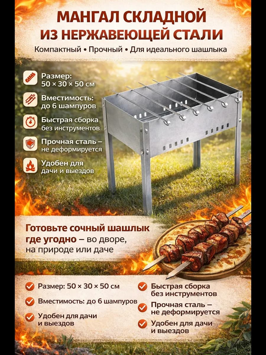 Мангал разборный "Костерок" + 6 шампуров