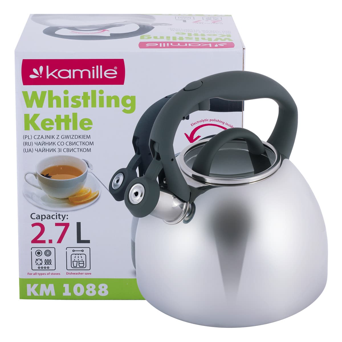 Чайник 2.7 л из нержавеющей стали со свистком Kamille KM-1088