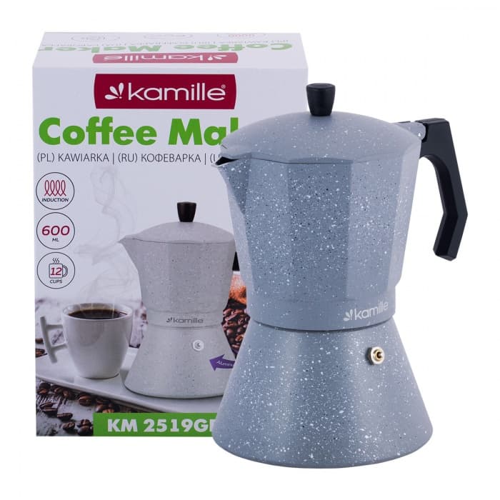 Кофеварка гейзерная 600 мл. (12 порций) с индукционным дном Kamille КМ 2519GR (серый мрамор)