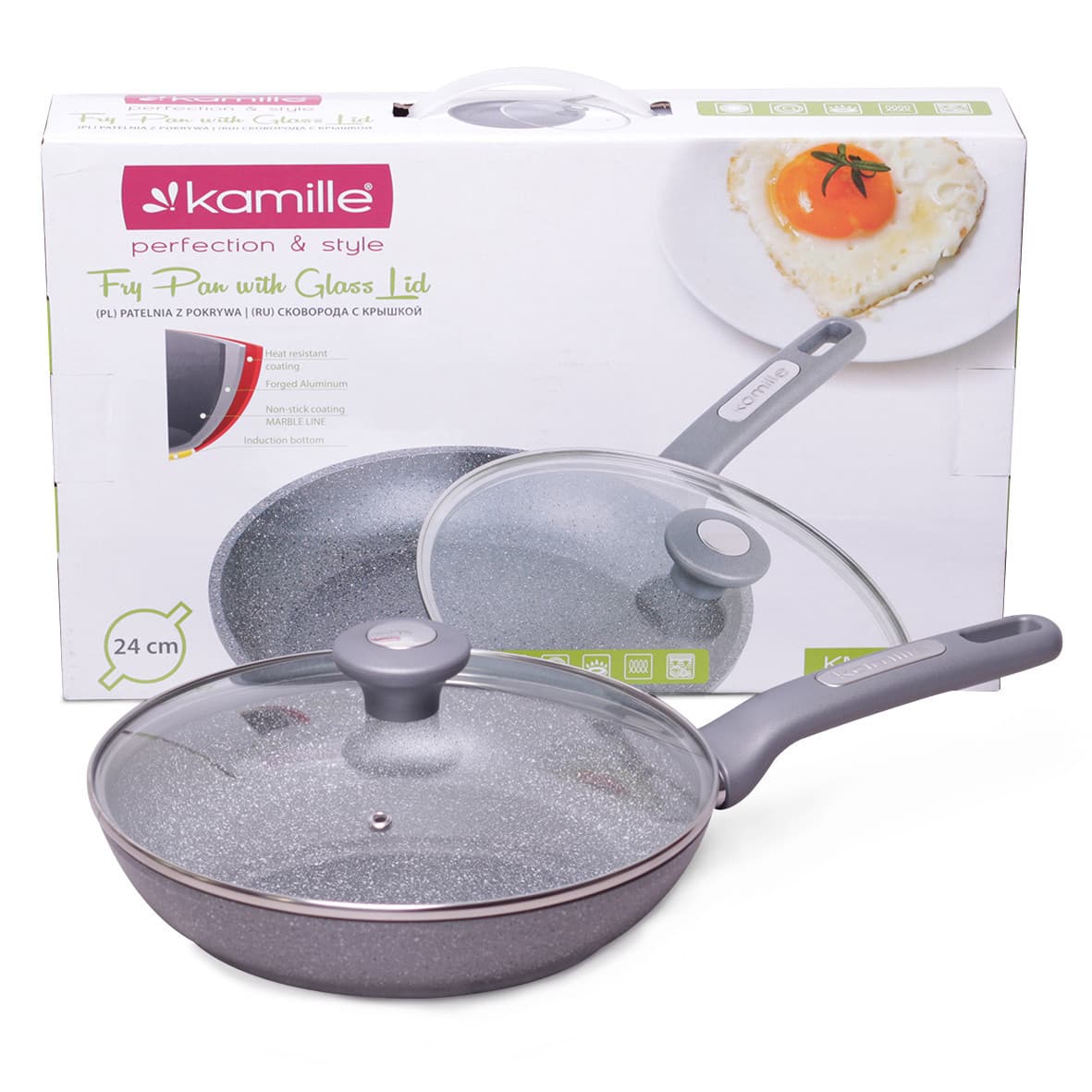 Сковорода Ø24 Kamille KM-4271GR из литого алюминия с крышкой и гранитным покрытием