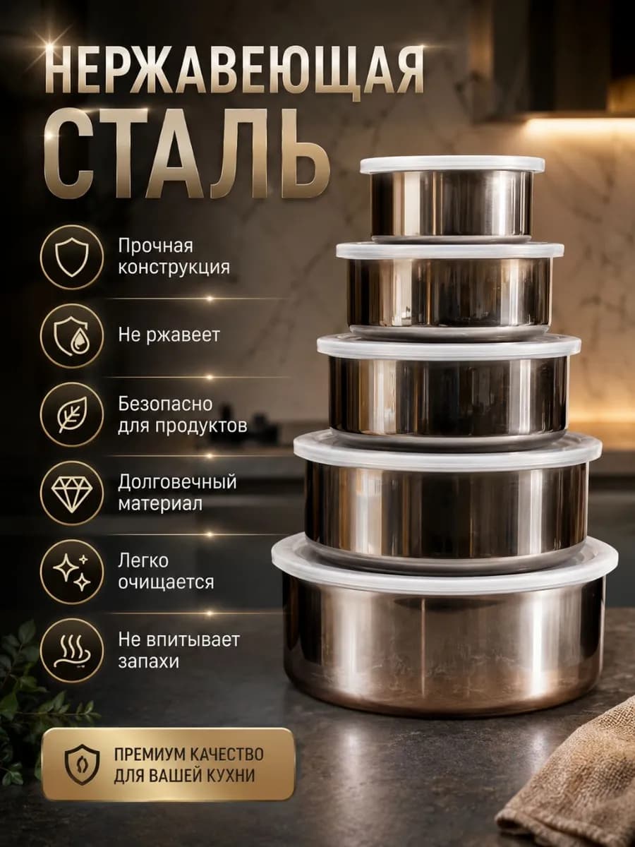 Набор мисок с крышками из нержавеющей стали 5 шт