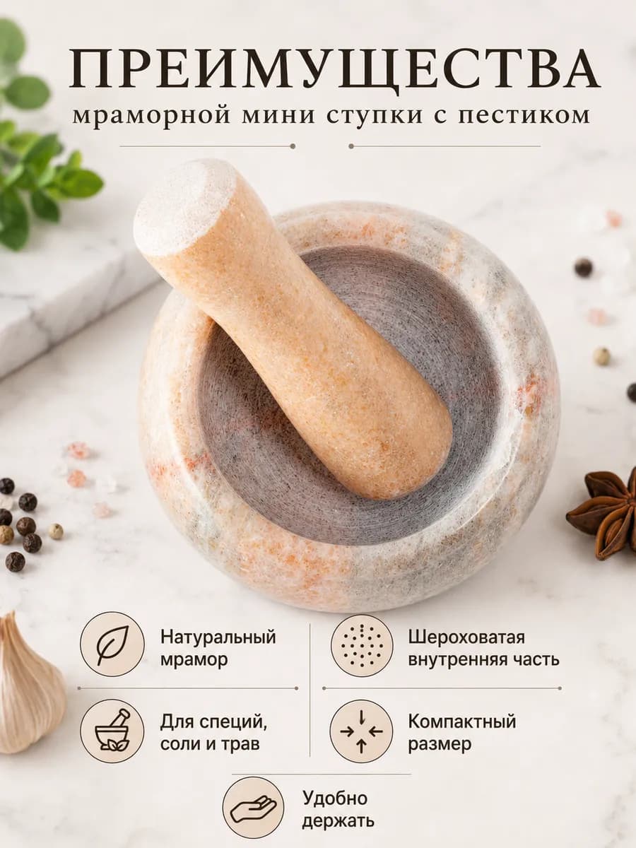 Ступка с пестиком 0,6г, 9x4,5см, мрамор,цвета:бежевый