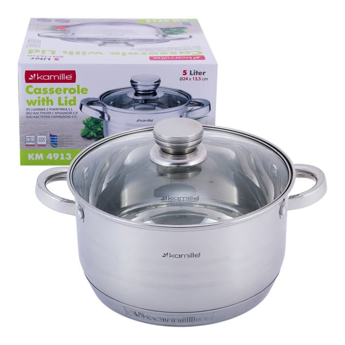 Кастрюля 5 л. из нержавеющей стали с крышкой и полыми ручками Kamille КМ4913