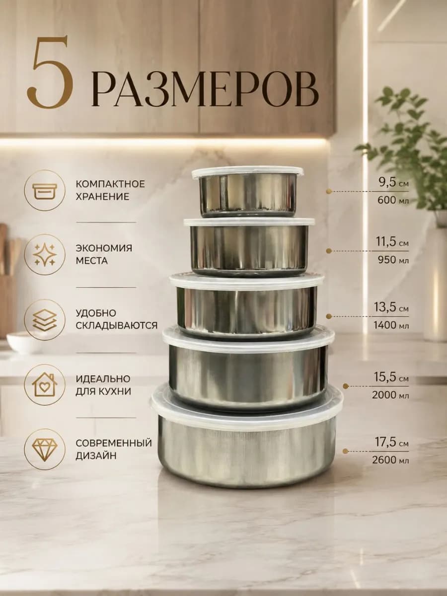 Набор мисок с крышками из нержавеющей стали 5 шт