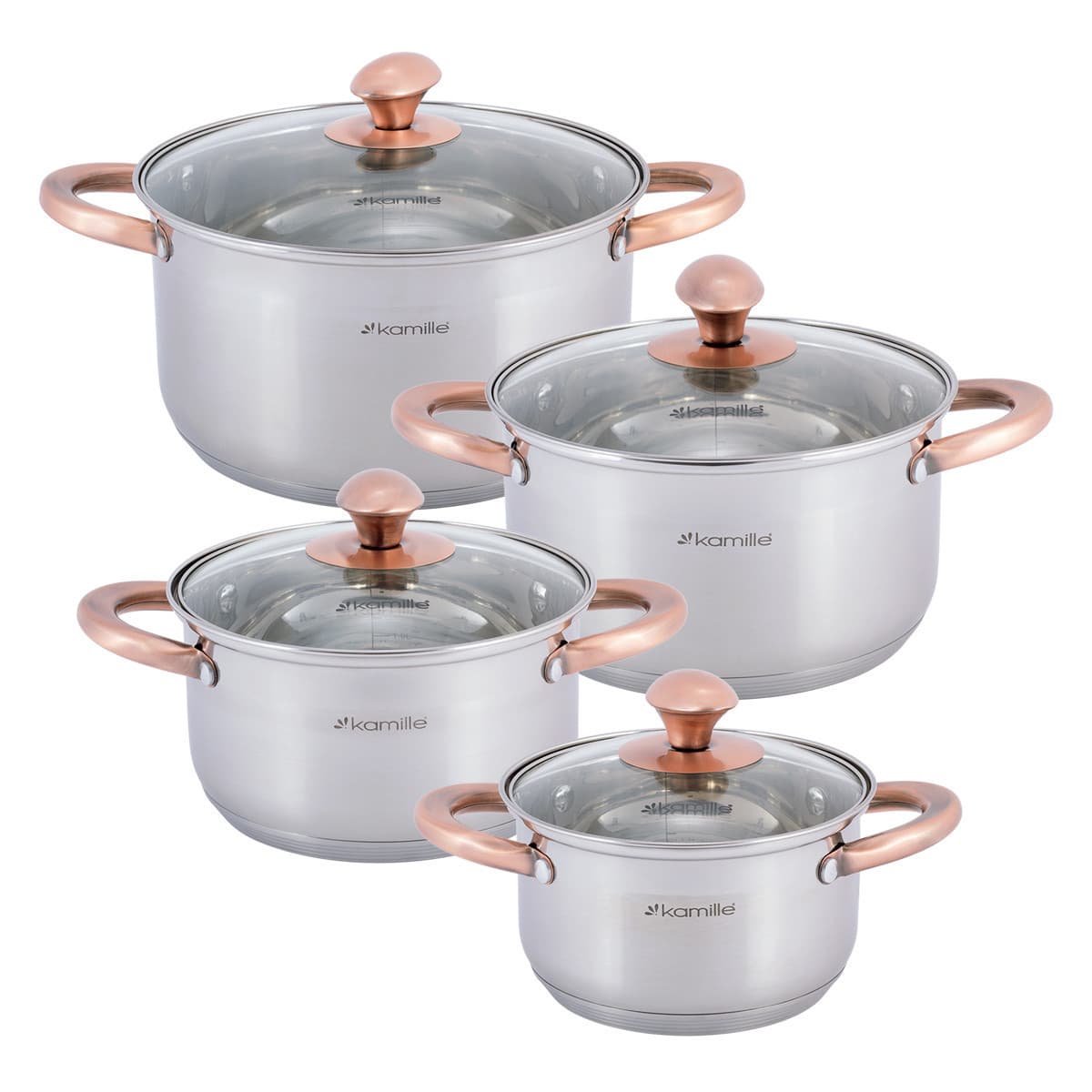 Набор кастрюль 8 предметов Kamille KM 4937 (1,5 л; 2 л; 3 л; 5 л.) из нержавеющей стали с ручками под медь