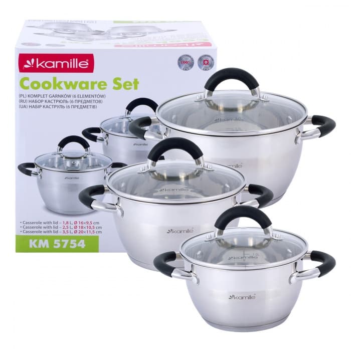 Набор кастрюль 6 пр. Kamille KM 5754 (1.8 л, 2.5 л, 3.5 л) из нерж. стали с силиконовыми вставками на ручках