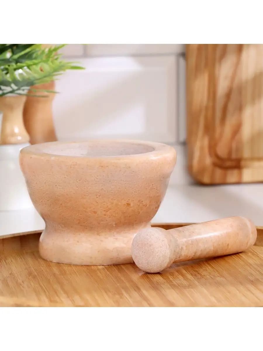 Ступка с пестиком мраморная кухонная 2,75г,10 см.цвет:бежевый