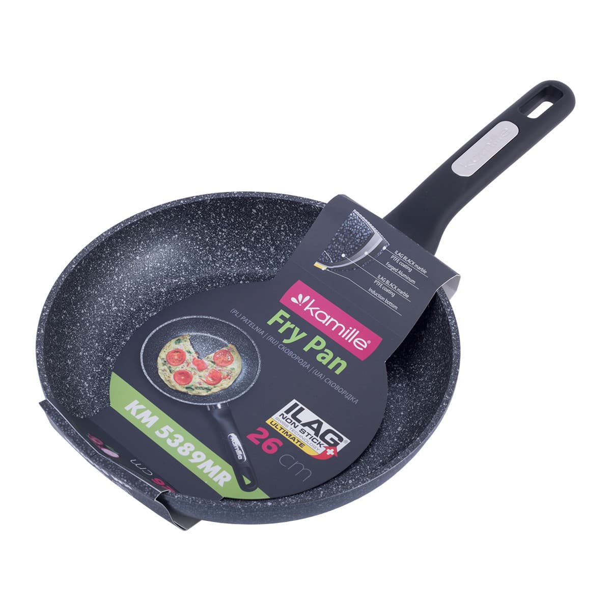 Сковорода Ø26 см. Kamille KM-5389MR с покрытием чёрный мрамор из алюминия