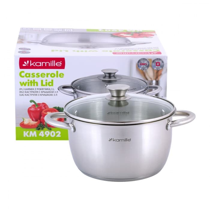Кастрюля 3,0 л из нержавеющей стали с крышкой и полыми ручками Kamille KM4902