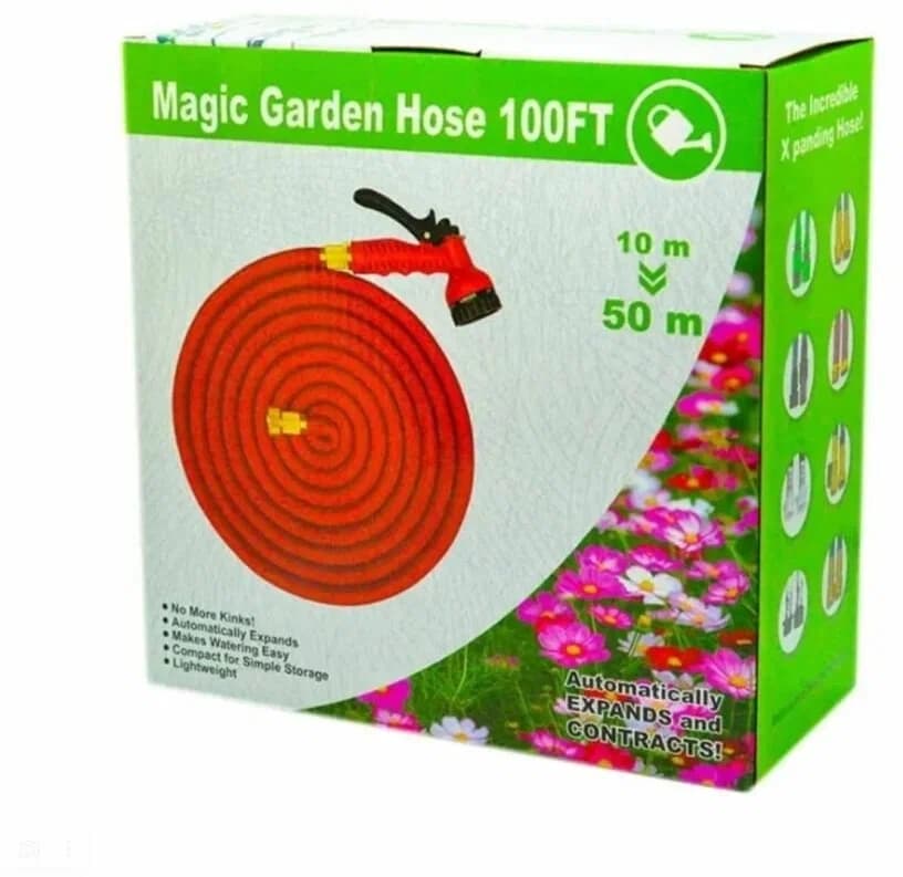 Шланг садовый растягивающийся,красный "Magic Garden Hose 25FT" металлическая насадка 25 м