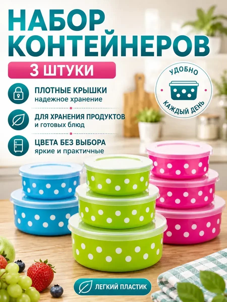 Набор контейнеров 3шт (10х4см + 13х5см + 15х6см), пластик "Горошек Seal Fresh Health"