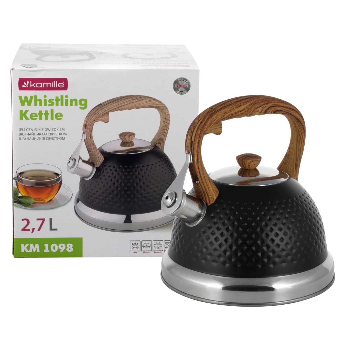 Чайник 2,7 л. из нержавеющей стали со свистком Kamille KM-1098 и ручкой "soft touch" под дерево