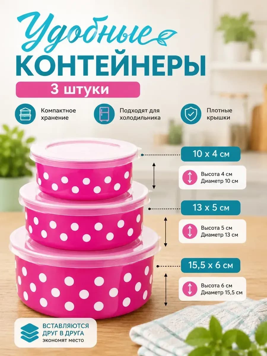 Набор контейнеров 3шт (10х4см + 13х5см + 15х6см), пластик "Горошек Seal Fresh Health"