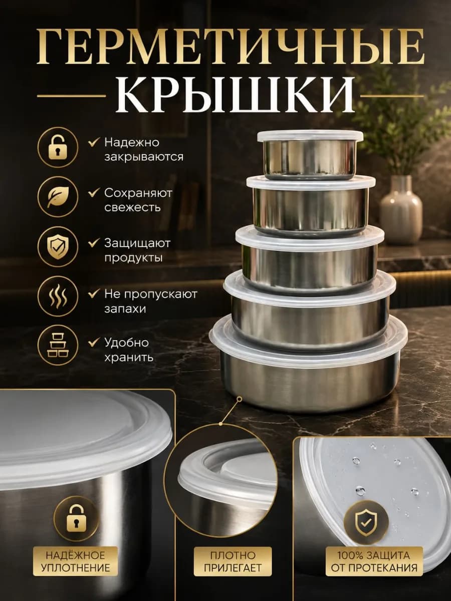 Набор мисок с крышками из нержавеющей стали 5 шт