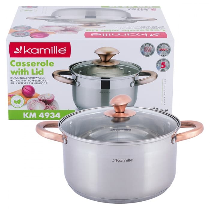 Кастрюля 5 л Kamille KM 4934 из нержавеющей стали с крышкой и полыми медными ручками