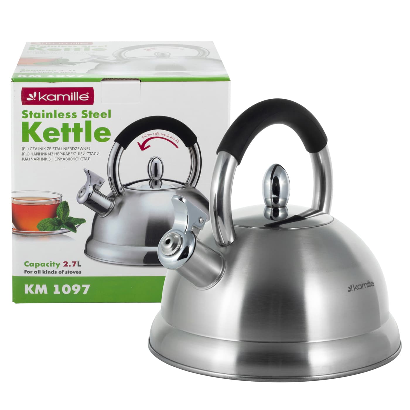 Чайник 2,7 л. из нержавеющей стали со свистком Kamille KM-1097 и ручкой "soft touch"