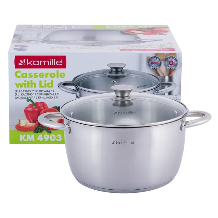 Кастрюля 5,0 л из нержавеющей стали с крышкой и полыми ручками Kamille KM4903