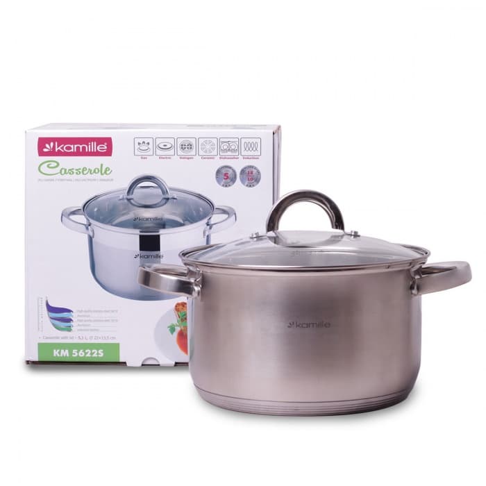 Кастрюля 5,1 л. Kamille KM 5622S из нержавеющей стали с крышкой и полыми ручками
