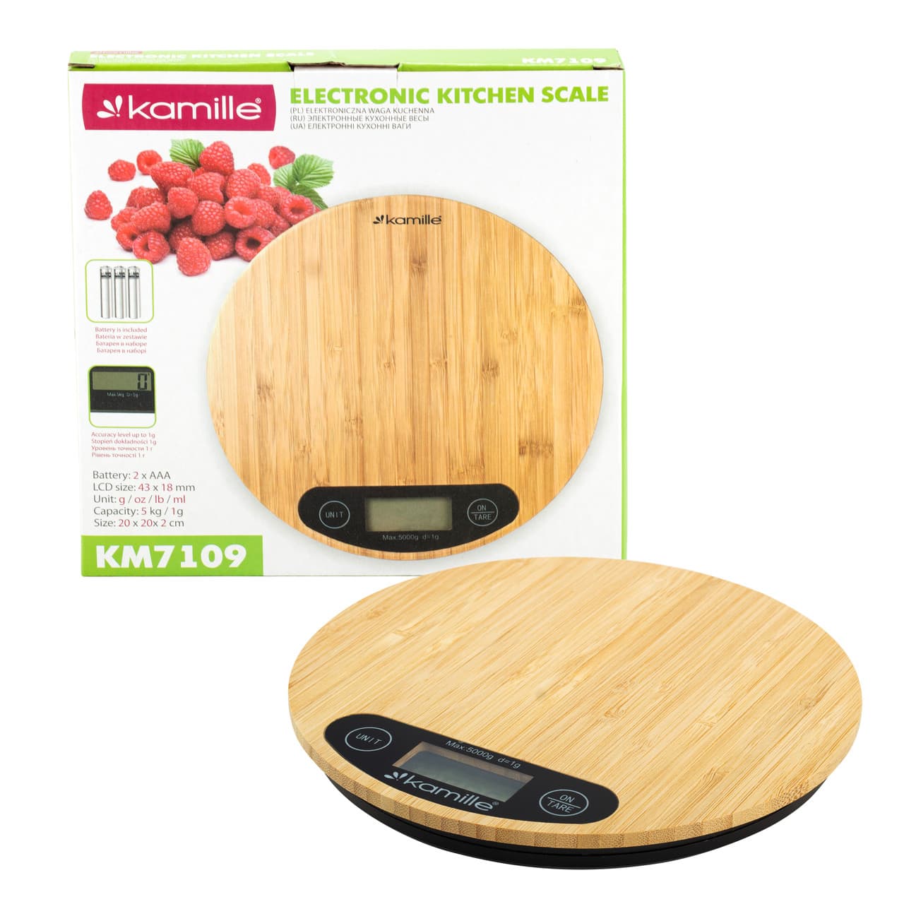 Весы кухонные электронные Kamille KM-7109 (круглые 20х20х2,3 см) бамбук