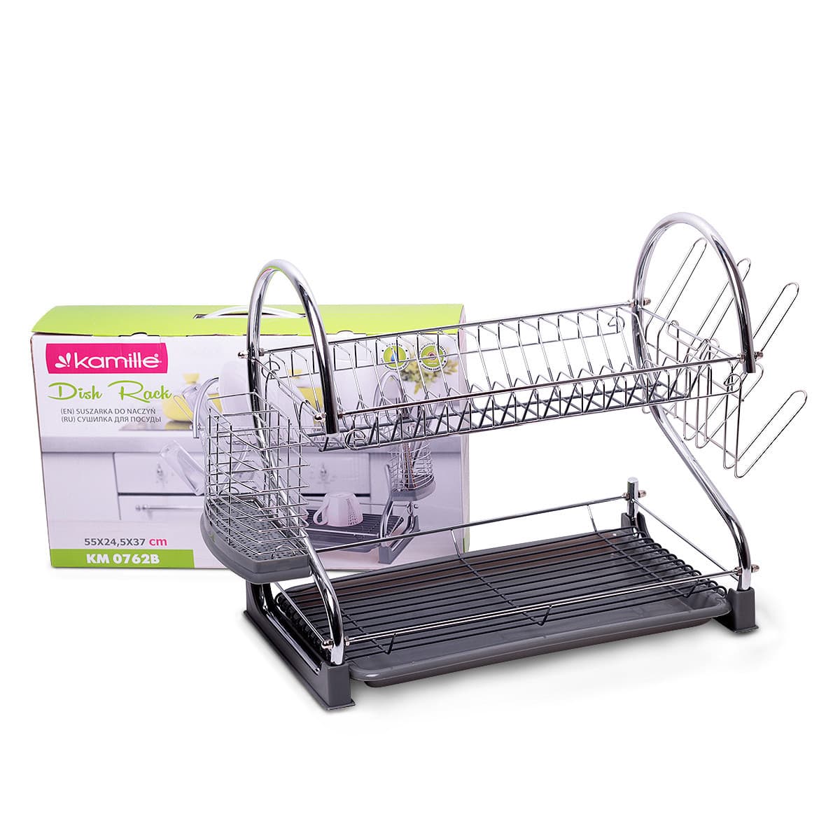 Сушилка для посуды двухъярусная Kamille KM-0762B 55х24,5х37 см. из хромированной стали с поддоном (серый)