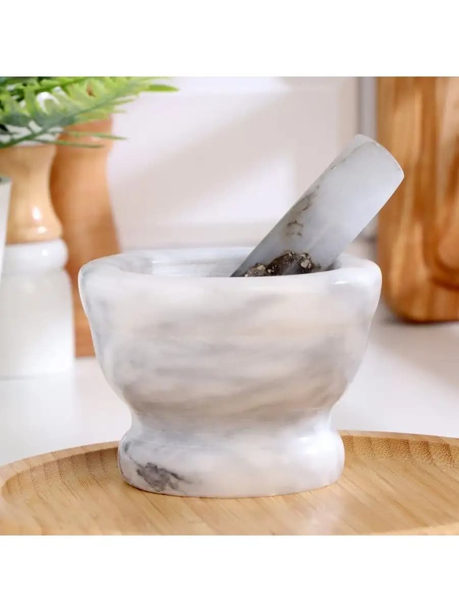 Ступка с пестиком мраморная кухонная 2,75г,10 см.цвет:серый