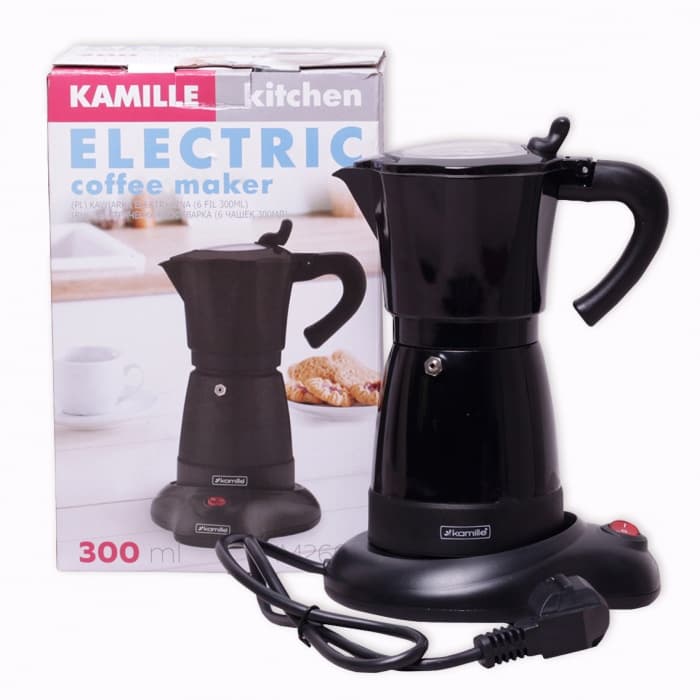 Кофеварка гейзерная электрическая Kamille КМ 2600, 300 мл (6 порций) из алюминия Черная