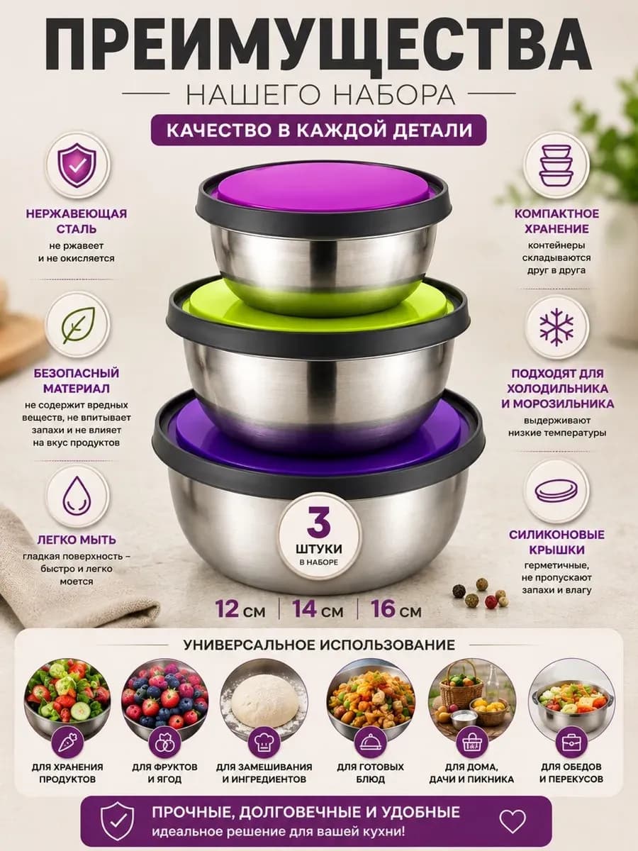 Набор контейнеров 3шт. из нержавеющей стали с пластиковыми крышками D=12/14/16 см