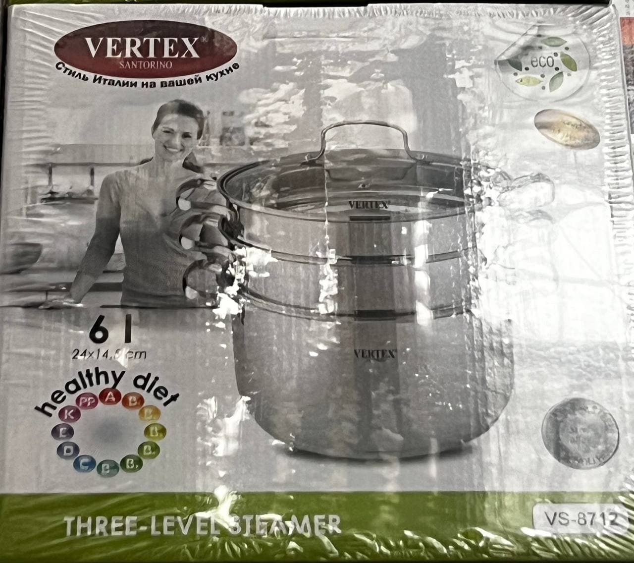 Пароварка 3-х уровневая 24см Vertex из нержавеющей стали 6л. 8712-VS