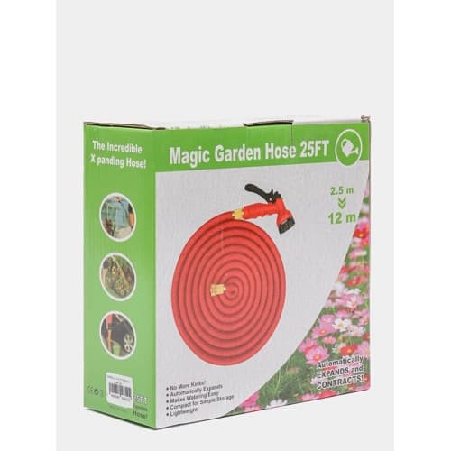 Шланг садовый растягивающийся,красный "Magic Garden Hose 25FT" металлическая насадка 50 м