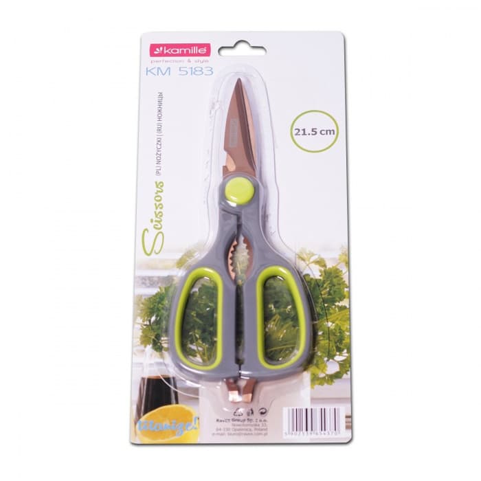Ножницы кухонные 21,5 см. из нержавеющей стали с орехоколом Kamille КМ-5183 с пластиковыми ручками