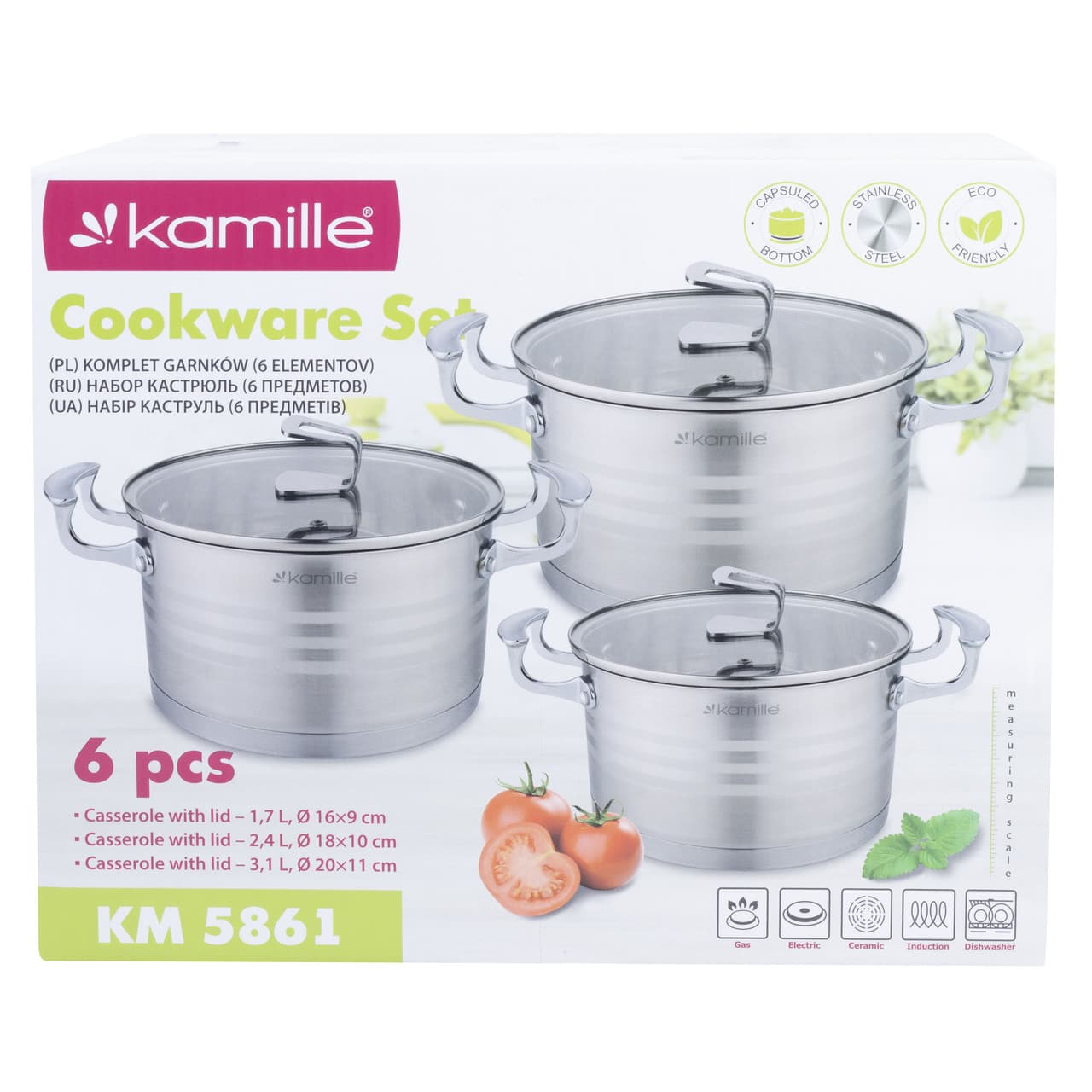 Набор кастрюль 6 предметов Kamille KM-5861 (1,7 л; 2,4 л; 3,1 л.) из нержавеющей стали