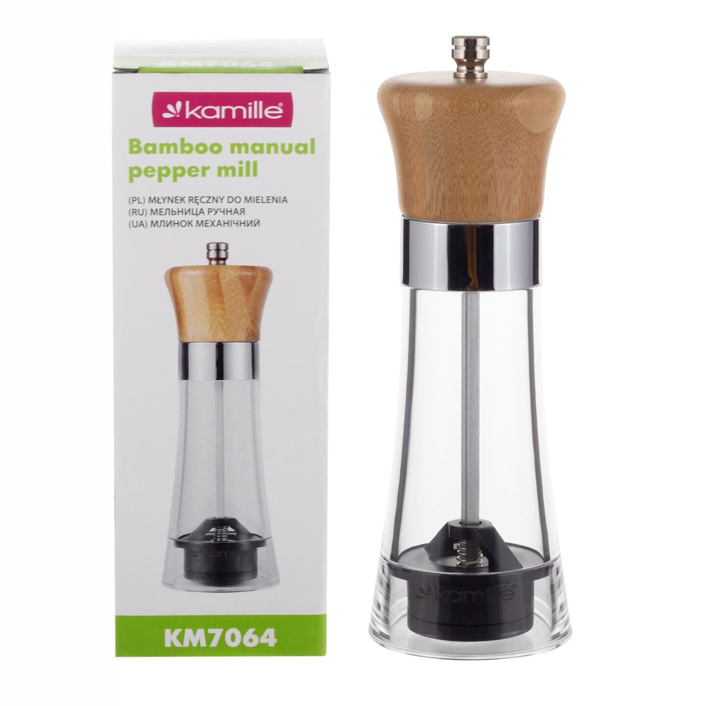 Мельница для специй Kamille КМ-7064 из стекла и бамбука