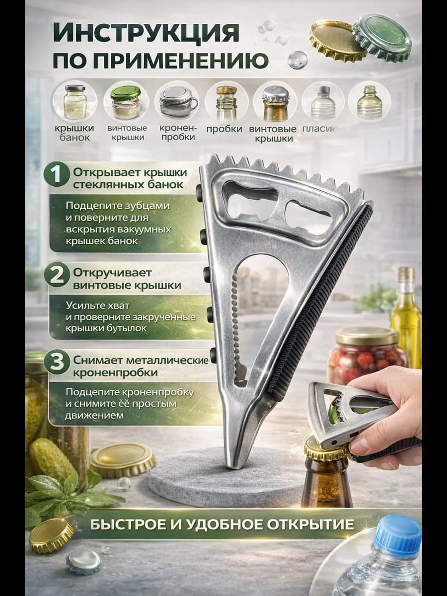 Открывалка для крышек 4 в 1 универсальная для банок