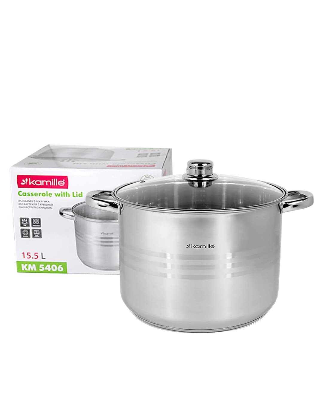 Кастрюля 15,5 л. из нержавеющей стали Kamille KM 5406 со стеклянной крышкой